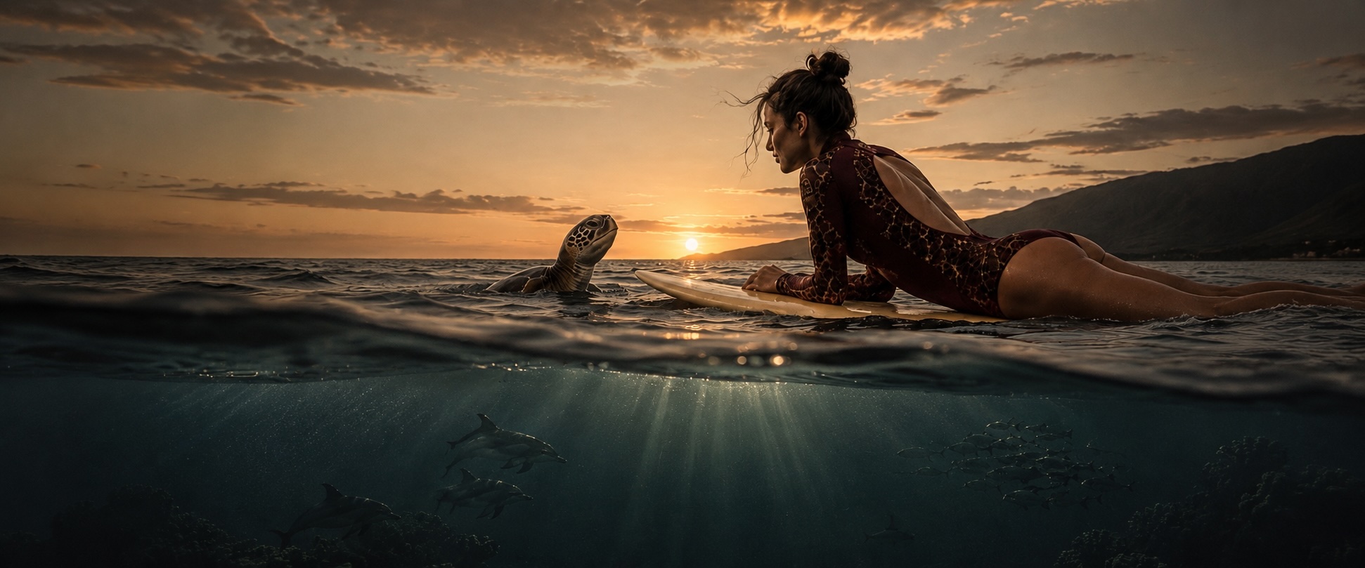 Modelo MĀLU junto ao mar na luz dourada do fim de tarde